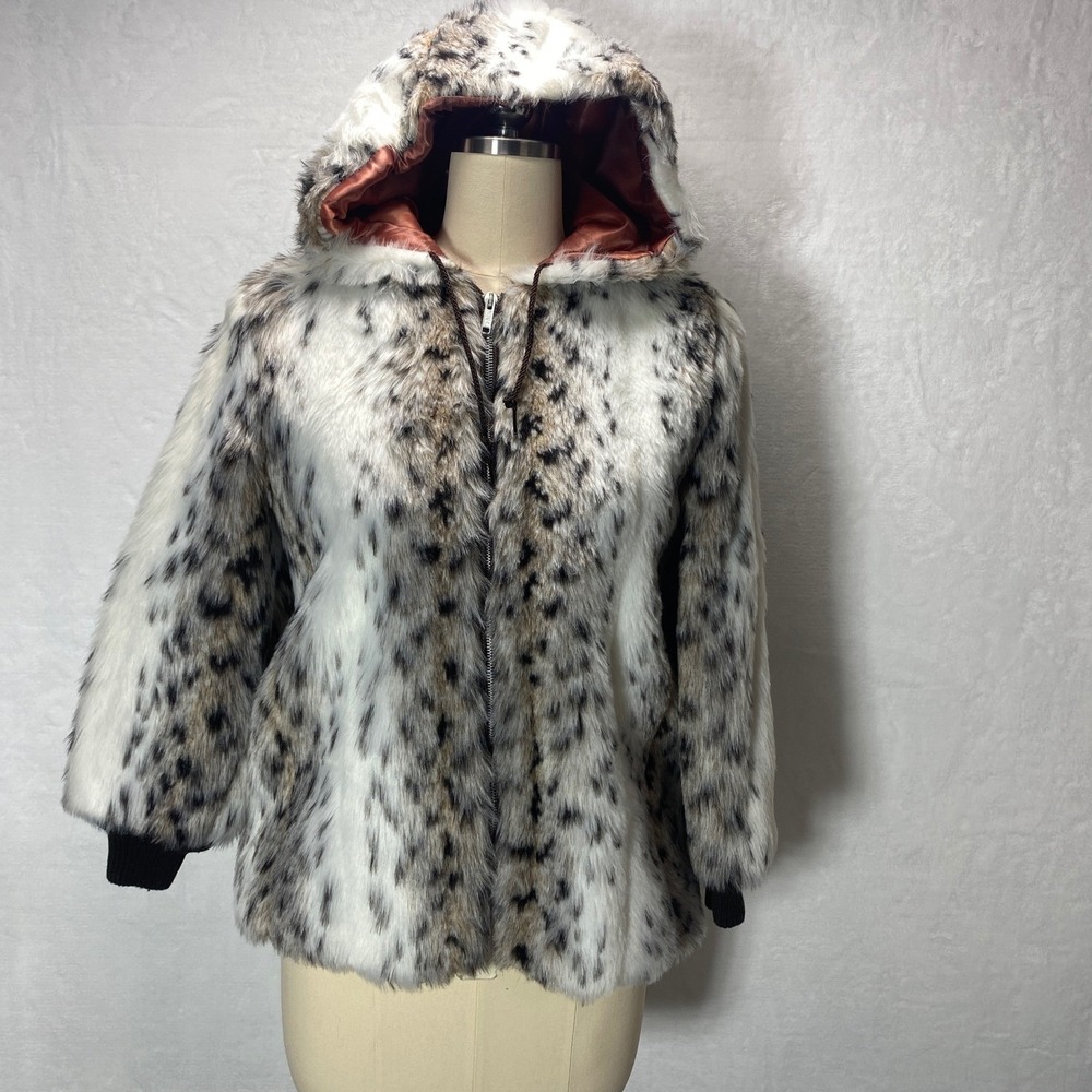 VTG Girl's Skyline Fun Fur‎ Faux Fur Hooded Jacket Snow Leopard Print Coat
